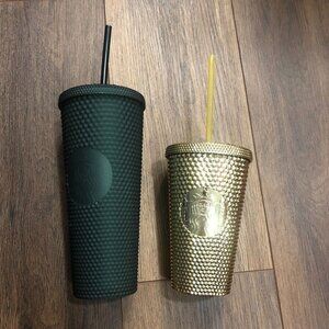 Starbucks Studded Matte Dark Green 24oz Soft Touch & Gold Tumbler 16oz w/ Straw